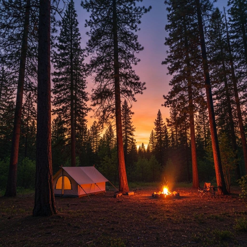 Campsite among pine trees in the Northern Idaho wilderness
