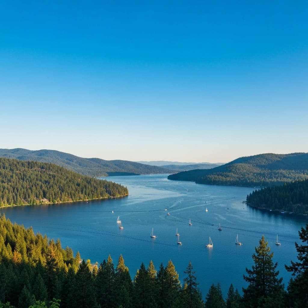 Panoramic view of Coeur d'Alene Lake surrounded by forested hillsides